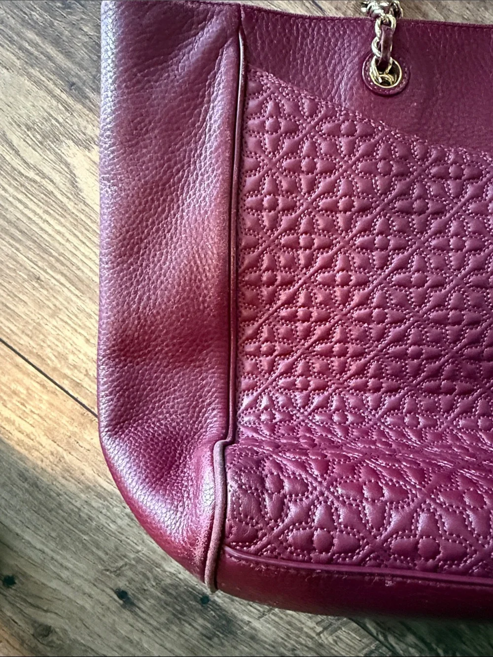 Tory Burch Quilted Leather Tote in Burgundy with Gold Chain Straps